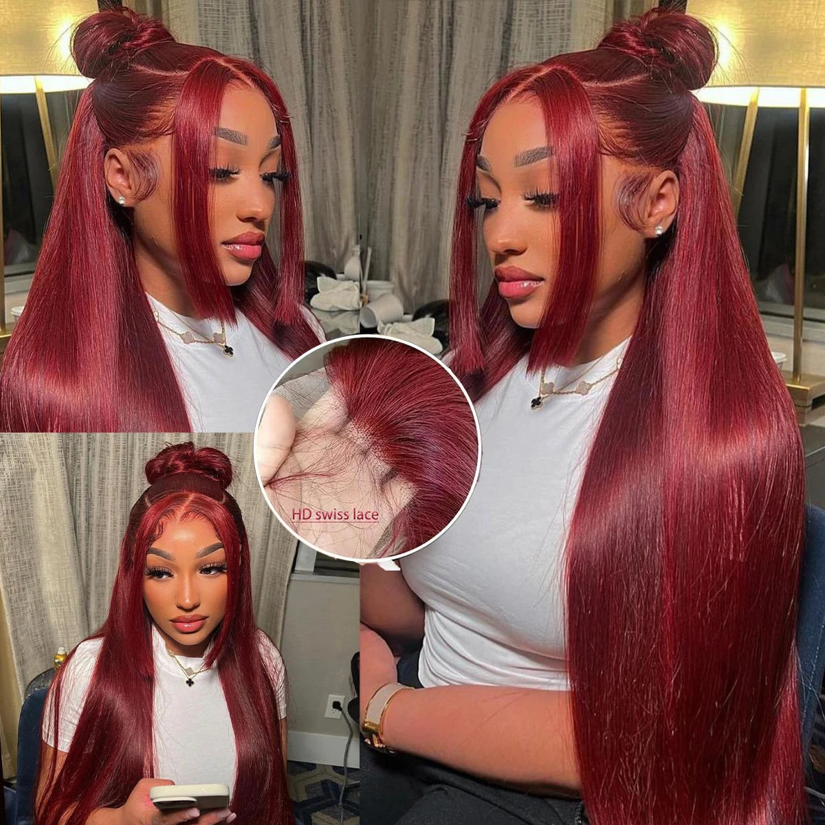99j Burgundy Straight Pre-Plucked Glueless13x4 13x6 Lace Front Human Hair Wig