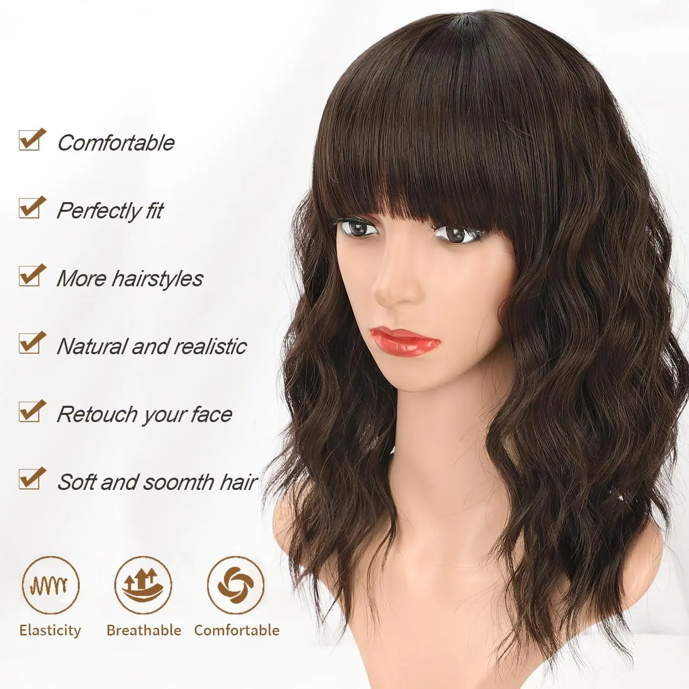 Wavy Synthetic Bob Wig with Bangs – Natural Brown Curly Wig for Women