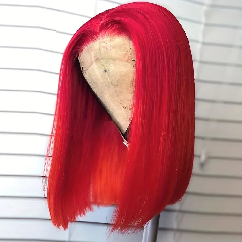  Red Straight Short Bob Wig  Lace Front Human Hair Wig