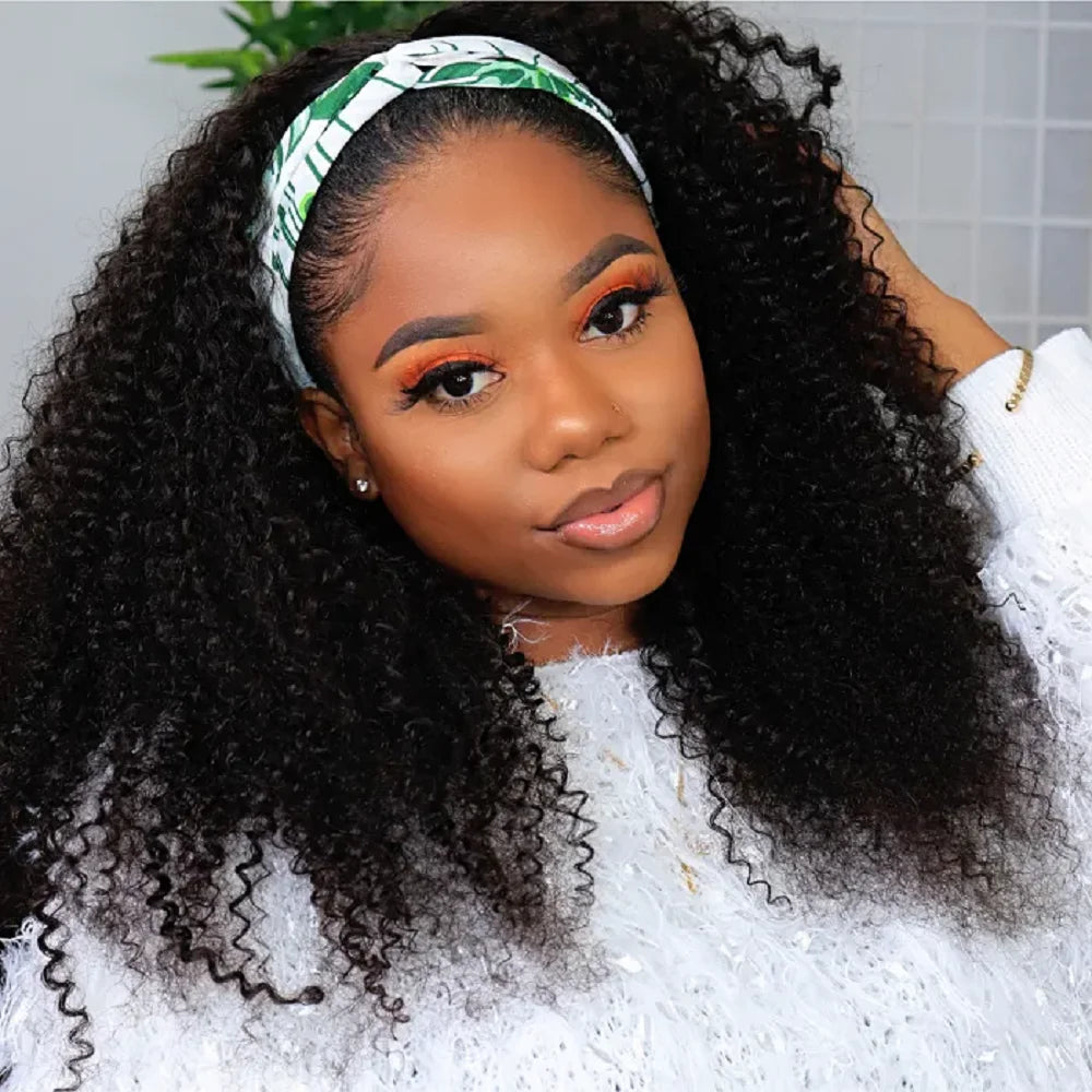None Lace Front Kinky Curly Headband Wigs - human hair