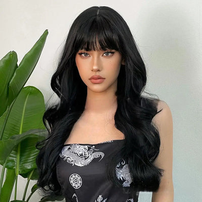 Wine Red Synthetic Wig – Long Curly Big Waves with Bangs, Heat Resistant