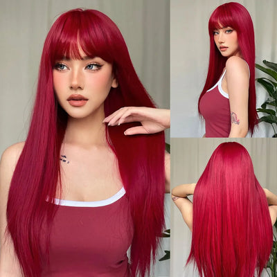 Light Wine Red Synthetic Wig with Bangs – Long Straight, Heat Resistant