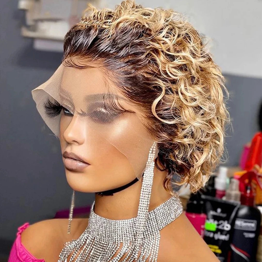Pre-Plucked Bob Wig – 99J Burgundy Highlight Curly Pixie, Honey Colored Lace Bob Wig
