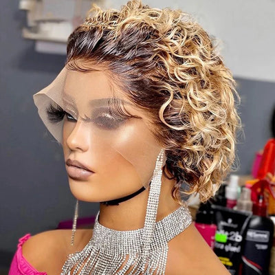 Pre-Plucked Bob Wig – 99J Burgundy Highlight Curly Pixie, Honey Colored Lace Bob Wig