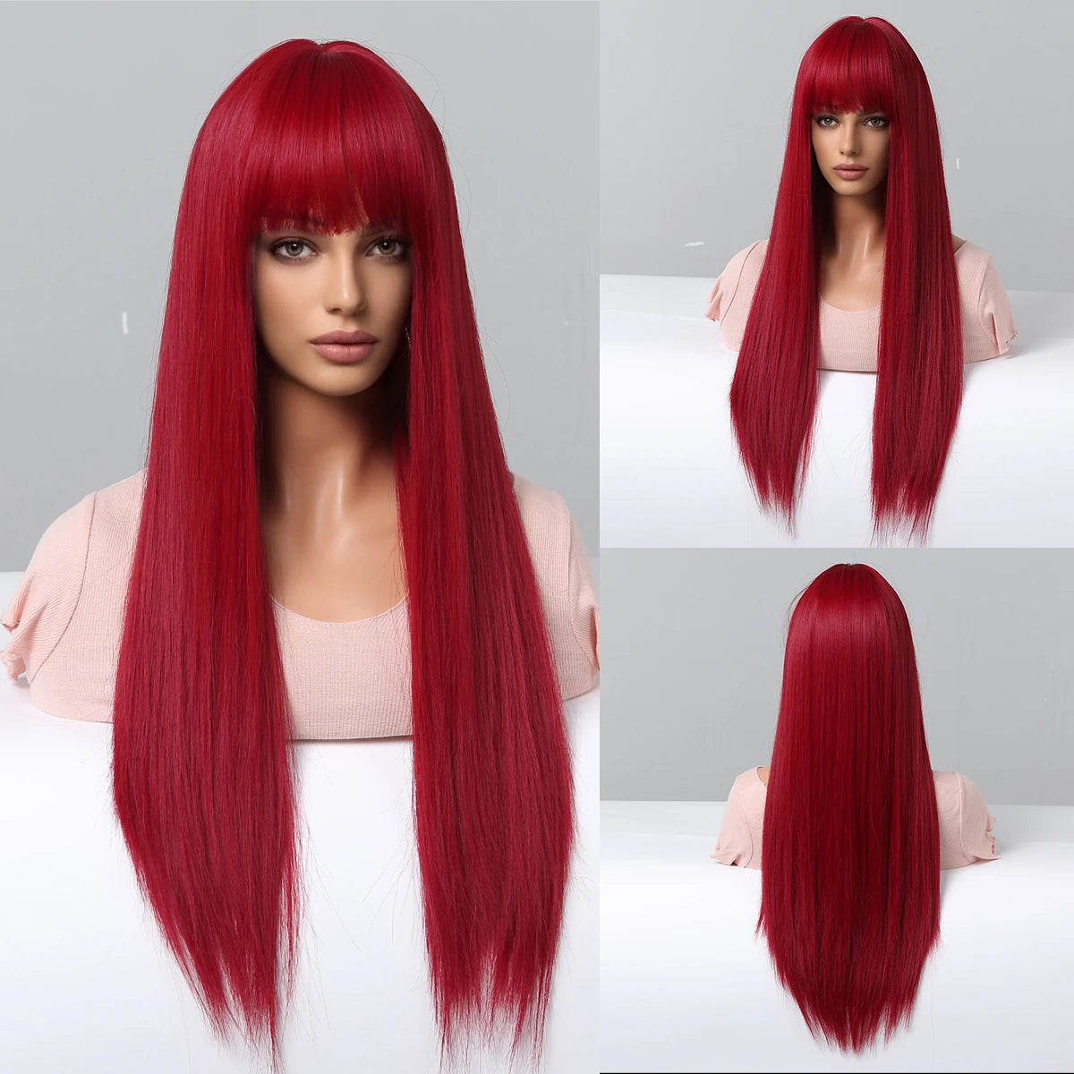 Light Wine Red Synthetic Wig with Bangs – Long Straight, Heat Resistant