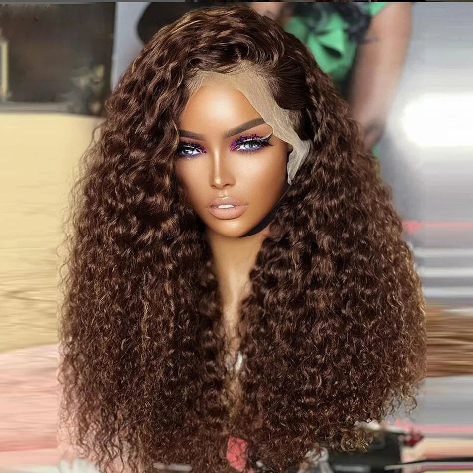 Brazilian Deep Wave -Chocolate Brown Curly Lace Front Human Hair Water Wave Wig