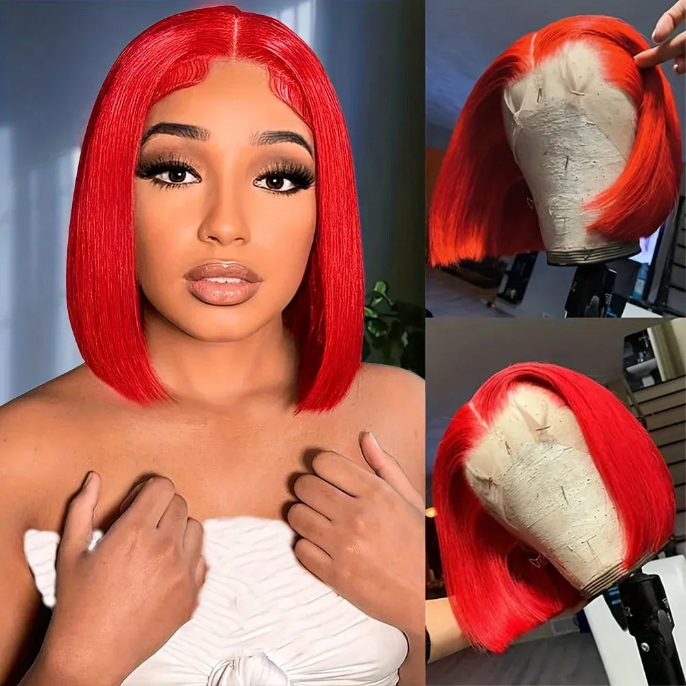 ﻿ Red Straight Short Bob Wig  Lace Front Human Hair Wig