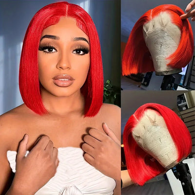 ﻿ Red Straight Short Bob Wig  Lace Front Human Hair Wig