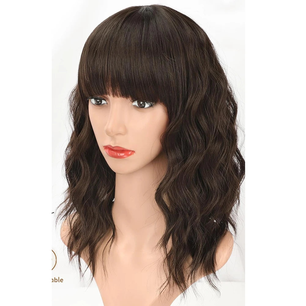 Wavy Synthetic Bob Wig with Bangs – Natural Brown Curly Wig for Women