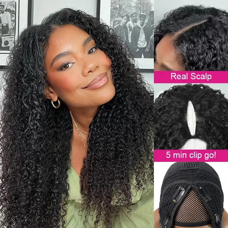 Glueless Kinky Curly V Part Wig - Brazilian Remy Human Hair