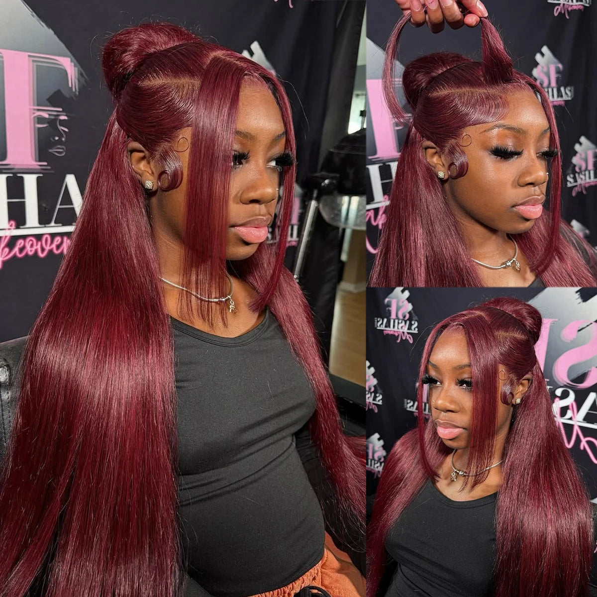 99j Burgundy Straight Pre-Plucked Glueless13x4 13x6 Lace Front Human Hair Wig