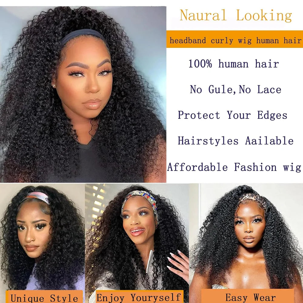 Kinky Curly Headband Wigs Wear And Go None Lace Front Human Hair Wig