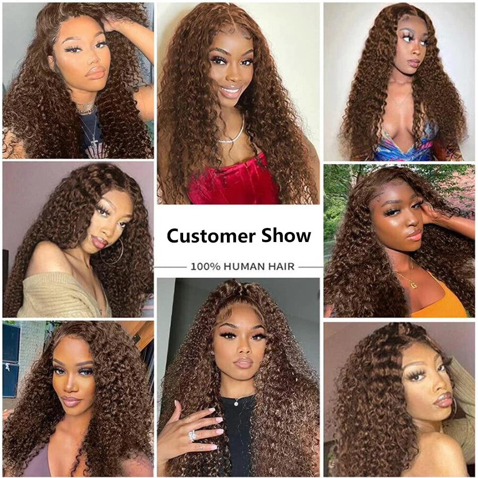 Brazilian Deep Wave -Chocolate Brown Curly Lace Front Human Hair Water Wave Wig