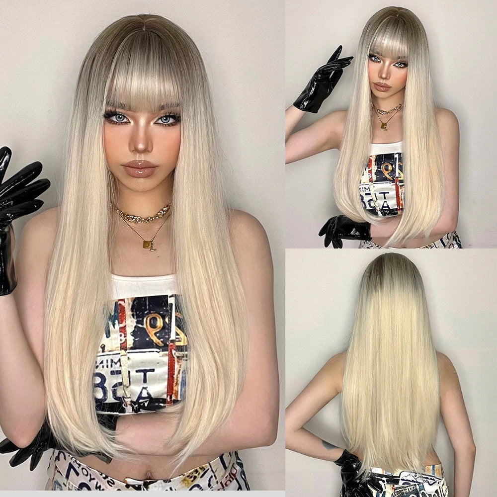 Light Wine Red Synthetic Wig with Bangs – Long Straight, Heat Resistant