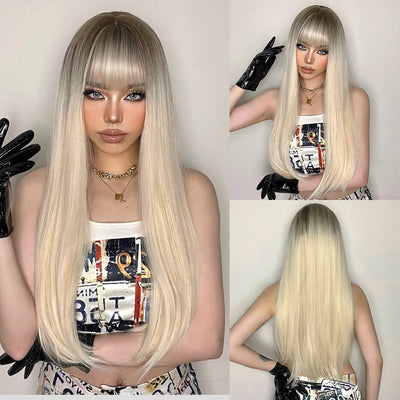 Light Wine Red Synthetic Wig with Bangs – Long Straight, Heat Resistant