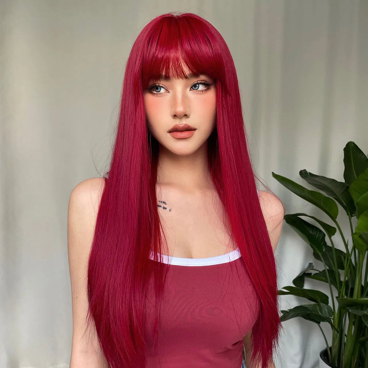 Light Wine Red Synthetic Wig with Bangs – Long Straight, Heat Resistant