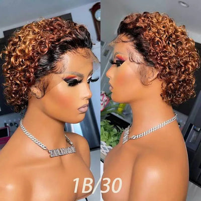 Pre-Plucked Bob Wig – 99J Burgundy Highlight Curly Pixie, Honey Colored Lace Bob Wig